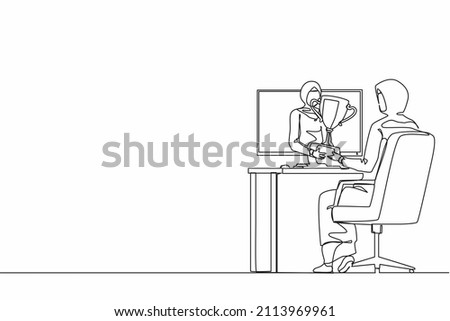 Single continuous line drawing beautiful Arabian businesswoman holds out golden cup from monitor to a happy office worker. Award in the online contest. One line draw graphic design vector illustration