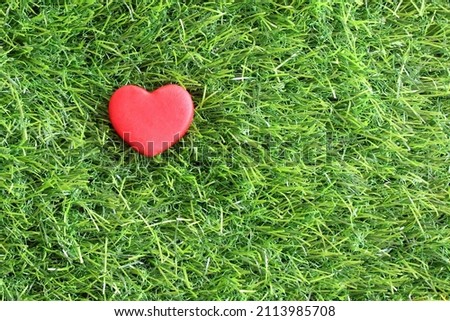Top view image of red heart on green grass with copy space for text