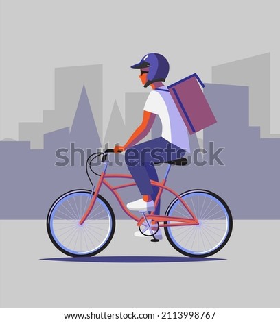 Courier riding a bicycle with a city silhouette in the background