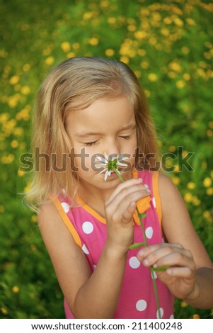 Little girl in red dress smells chamomile on green meadow.