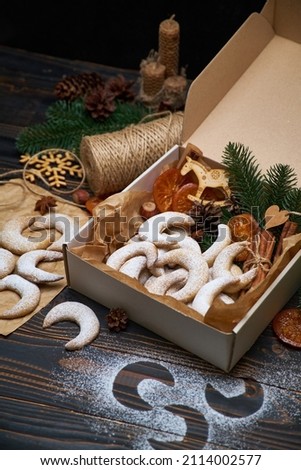 Gift box full of Traditional German or Austrian Vanillekipferl vanilla kipferl cookies