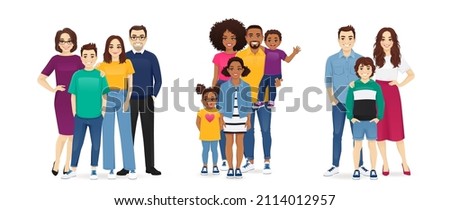 Parents with kids vector illustration isolated. Happy family portrait set. Mother and father with daughter and son