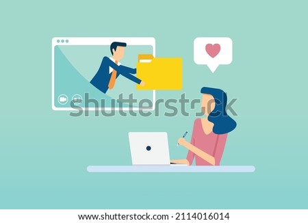 Meeting with team in social, download file, video call conference, social distancing during quarantine, teleconference webinar, Vector illustration design concept in flat style