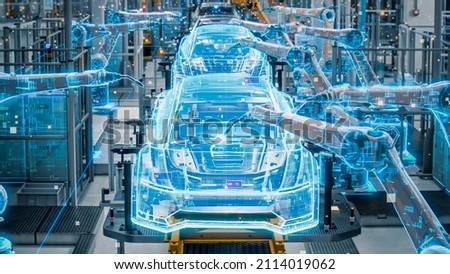 Front View Car Factory Digitalization: Automated Robot Arm Assembly Line Manufacturing High-Tech Sustainable Electric Vehicles. Futuristic AI Computer Vision Analyzing, Scanning Production Efficiency