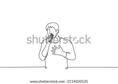 man singing into  microphone holding his chest with his hand - one line drawing vector. concept touched singer performs