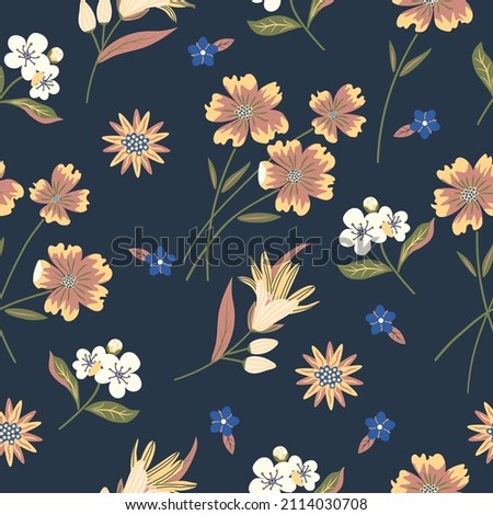 Vintage pattern with wild flowers and cute details on a blue background