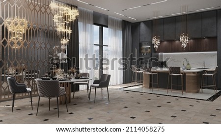 Mmodern kitchen living room design. 3D render. Interior visualization. Illustration. Royalty-Free Stock Photo #2114058275