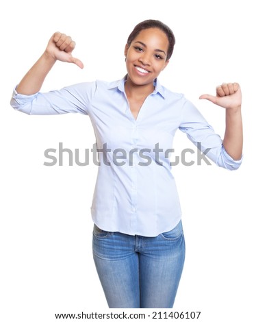 Funny african woman in a blue shirt