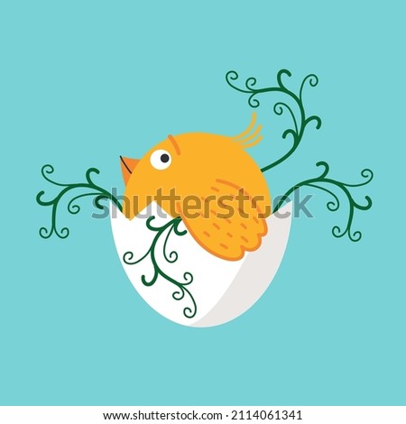Cute easter chick in egg shell. Newborn chicken with decorative plants elements. Funny yellow little bird, cartoon character. Hand drawn vector illustration, flat design. Idea for greeting card, etc. 