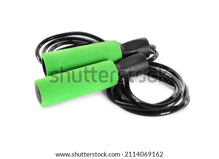 Black skipping rope on white background. Sports equipment