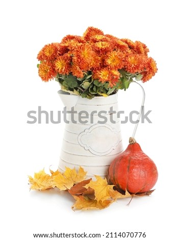 Watering can with beautiful Chrysanthemum flowers and pumpkin on white background