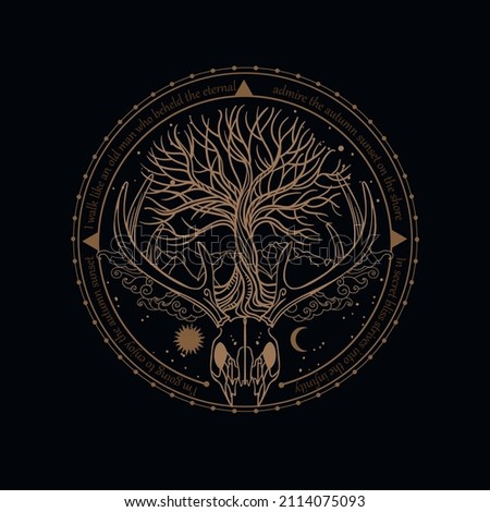 Deer skull and tree as symbols of life and death. Vector illustration