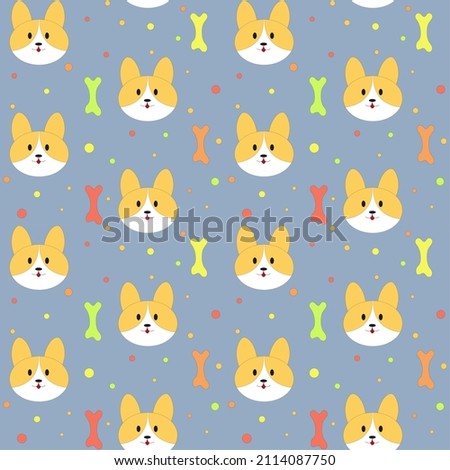 Pattern illustration of dogs on a blue background. Print with puppies, colorful bones and polka dots.