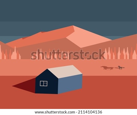 Vector image of nature. Image of a house in the mountains.