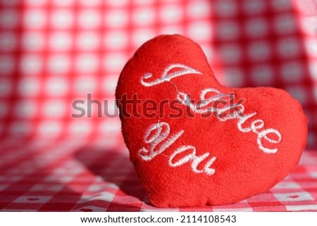 Valentine's Day Concept. A soft heart-shaped pillow with the words I love you on a brightly colored napkin background.