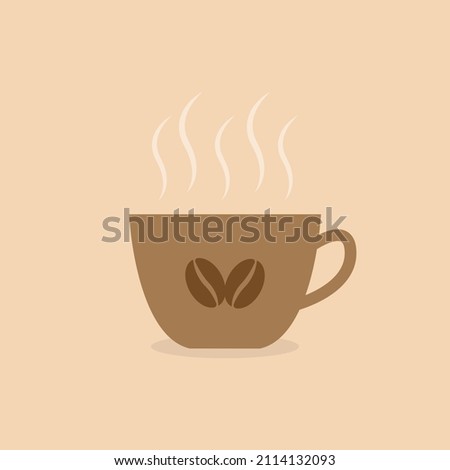 Coffee cup with beans and steam. Vector illustration of mug with hot drink. Flat brown bowl clip art