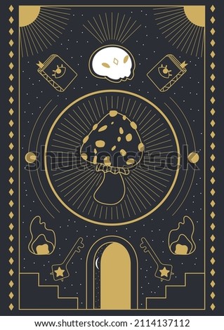 Design in boho style for the cover, astrology, tarot. Fly agaric and skull. Vector illustration.