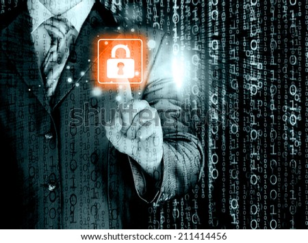 Businessman touch lock on world map  background