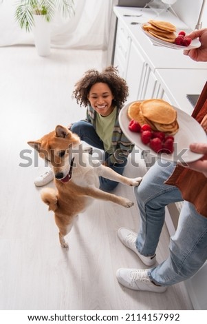 funny shiba inu dog standing on hind legs near man with pancakes and cheerful african american woman