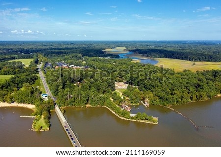 Aerial view of historic area of Jamestowne Village in Virginia Royalty-Free Stock Photo #2114169059