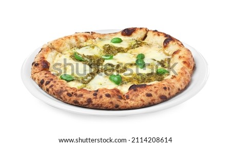 Tasty pizza with pesto sauce on white background