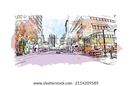 Building view with landmark of Manchester is the 
city in New Hampshire. Watercolor splash with hand drawn sketch illustration in vector.