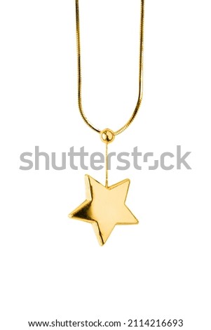 Gold star shaped pendant hanging on a chain on white background Royalty-Free Stock Photo #2114216693