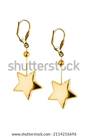 Gold drop stars earrings isolated on white background Royalty-Free Stock Photo #2114216696