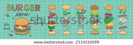 Burger ingredient. Hamburger and cheeseburger ingredient big vector set. Sliced veggies, bun, cutlet, fried egg, lettuce, bacon, cheese, sauce illustration. Fast food cooking and burger preparation Royalty-Free Stock Photo #2114226098