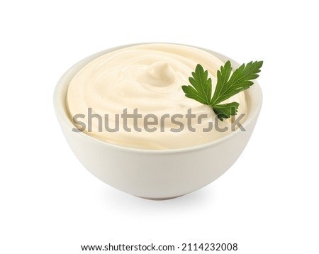 Bowl of tasty mayonnaise with parsley isolated on white Royalty-Free Stock Photo #2114232008