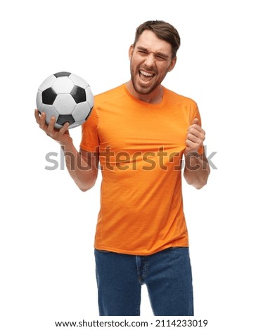 sport, leisure games and people concept - happy smiling man or football fan with soccer ball over white background Royalty-Free Stock Photo #2114233019