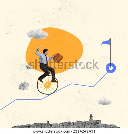 Creative design. Contemporary art collage of businessman balancing on unicycle trying to drive through business chart. Reaching professional growth. Concept of business, promotion, success, labour Royalty-Free Stock Photo #2114241431