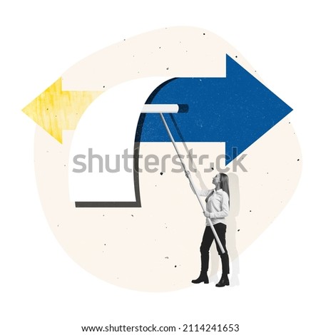 Contemporary art collage. Young girl, employee standing under two arows symbolizing two ways of direction. Wrong and right way to success. Concept of business, direction, choice