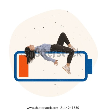 Need for rest. Contemporary art collage. Office worker, employee lying on low battery symbolizing tiredness, fatigue. Recharge. Work overload. Concept of business, depression, deadlines Royalty-Free Stock Photo #2114241680