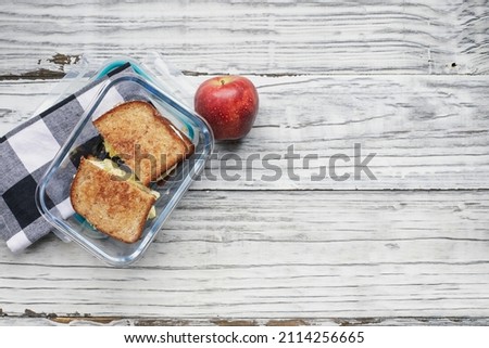 Packed lunch of fresh apple and home egg salad sandwich with toasted wheat bread in a glass container. Healthy vegetarian diet concept over a rustic white wooden background. Table top view.