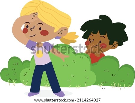 Vector Illustration Of Funny Kids Playing Outside, happy cute kids boy and girl playing together. 
