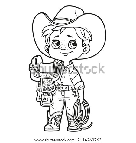 Cute cartoon boy cowboy in hat holding saddle and lasso outlined for coloring page on white background