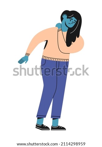 Cartoon illustration sad girl holding on to the cervical region. Woman suffering from pain in the neck. Sedentary work. Health care, disease, sickness concept. Flat vector cute character. Isolated.