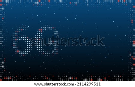 On the left is the 6G symbol filled with white dots. Pointillism style. Abstract futuristic frame of dots and circles. Some dots is red. Vector illustration on blue background with stars