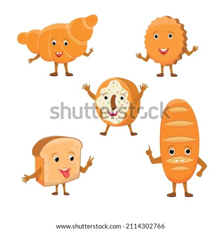 Bread characters. Funny tasty bakery pastries, cartoon happy breads faces character set, bread, donat, croissant and cookies expression vector illustration