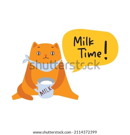 The character cute cat drinking a big cup of milk on the floor in flat vector style - Milk Time