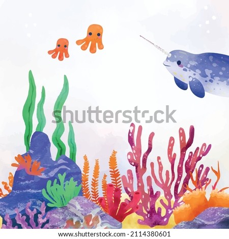 Background of the seabed with corals and marine life. Colored vector illustration.