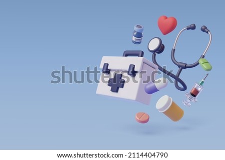 Medical equipment 3d cartoon style, wellness and online healthcare concept. Royalty-Free Stock Photo #2114404790