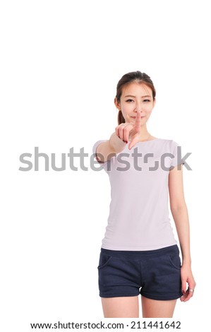 happy, positive, bright, beautiful, asian woman pointing at you. white isolated background 
