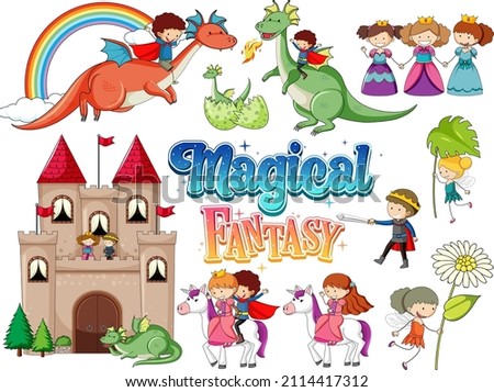 Set of dragons and fairy tale cartoon characters illustration