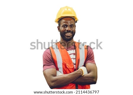 Portrait African black worker standing smile isolated on white background Royalty-Free Stock Photo #2114436797