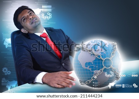 Business man with earth globe close in chain   