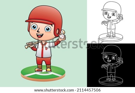 Vector cartoon of little boy in baseball uniform with baseball bat and ball