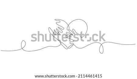 Hands reach out towards each other, surrounded by a heart shape. One line vector illustration, flat minimal design, isolated on white background, eps 10. Royalty-Free Stock Photo #2114461415