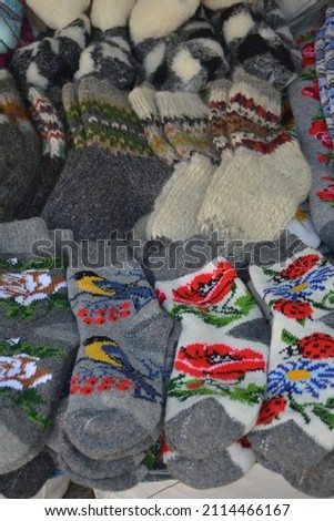 Warm winter handmade wool knitted socks .Handcrafted handmade and knitted knitwear colorful socks